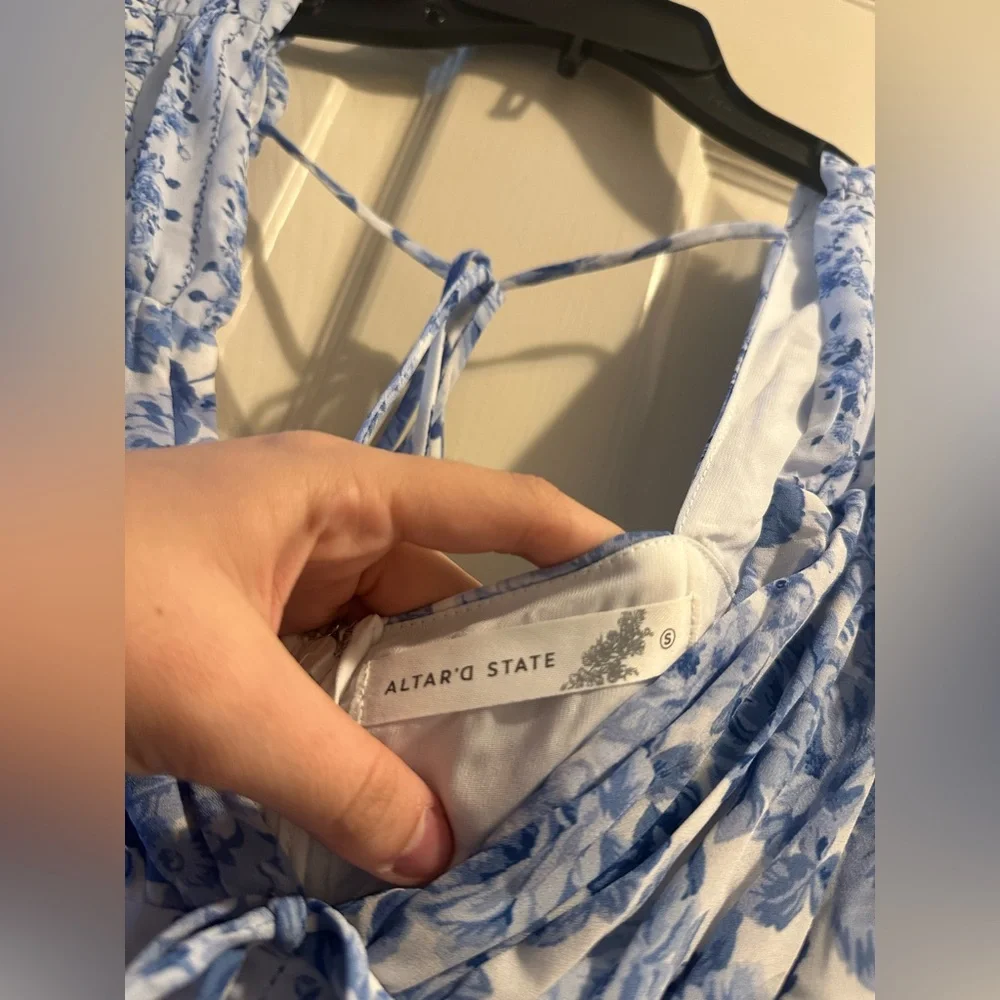 NWT Altar’d State Aderny Patchwork Floral Mini Dress Blue-White - Picture 7 of 12